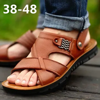 2024 אופנה גברים נעלי גברים קיץ סנדלי עור אמיתי נוח להחליק על סנדלים מזדמנים Zapatillas Hombre גודל 38-48