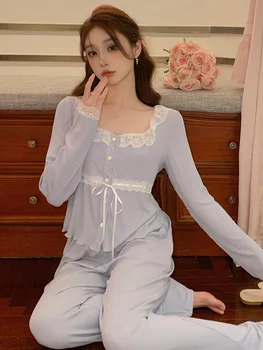 נשים קוריאני פיג ' מות שני חלקים סטים סתיו כותנה שרוול ארוך קפלים מכנסי קרדיגן בנות מתוקות הביתה בגדים הלבשת לילה