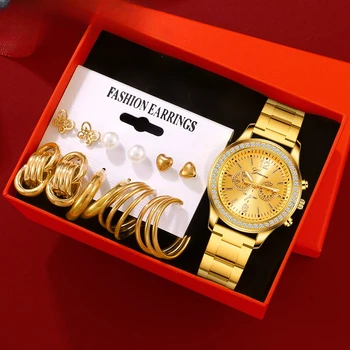 13PCS להגדיר נשים קופסת מתנה לצפות נקבה שעון יוקרה עיצוב מותג נשים שעונים פשוטים גבירותיי קוורץ שעון יד עגיל להגדיר