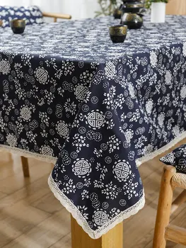 פרח כחול רטרו המפה אמנות בד אנטי רותח כותנה פשתן שולחן אוכל שולחן קפה בד כיסוי תחרה ארוכה המפה