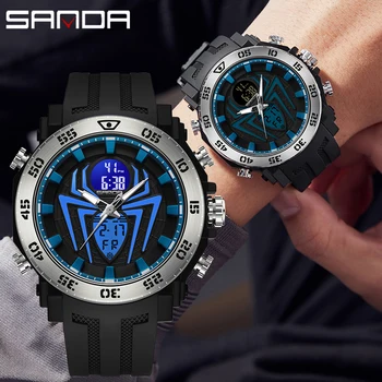 סאנדה אופנה ספורט עמיד למים 50M שעון תצוגה כפולה קוורץ שעונים של גברים LED דיגיטלי כחול זוהר אלקטרוני השעון של גברים לצפות