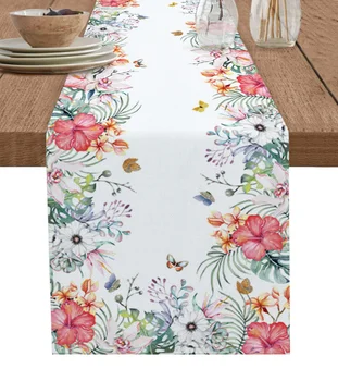 פסטורלי בסגנון טרופי צמחים פרחים לשולחן רץ למטבח שולחן אוכל לכסות מסיבת חתונה עיצוב כותנה פשתן המפה