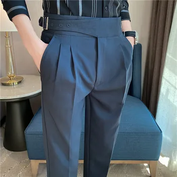 גבוהה המותניים גברים שמלה מכנסיים מכנסיים 2023 סתיו חדש בסגנון בריטי ישר Slim Fit חליפת מכנסיים מוצק מזדמנים אופנה לגברים ביגוד