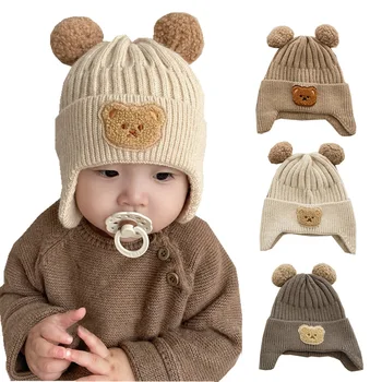 דוב חורף התינוק סרוג כובע פונפונים התינוק Bonne התינוק ביני עבור בנות בנים חמים אוזניים ילדים כובע עם Earflaps התינוק אביזרים