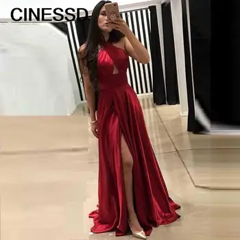 2022 סקסי הלטר שמלות ערב רב שסע ארוך נשים שמלת מסיבת לפני שסף ללא משענת שמלות לנשף Vestido גלימות מוצק בהתאמה אישית