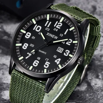 אופנה ירוקה בד הלהקה אוטומטי תאריך קוורץ שעוני יד Relogio Masculino XINEW ספורט שעון גברים צבאי שעוני גברים, שעון