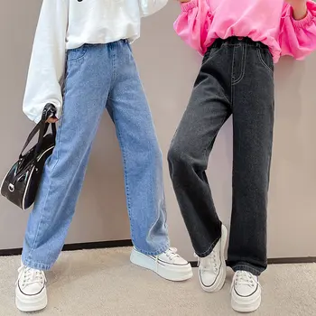 נער בנות אמצע המותן ג ' ינס 2023 ילדים חדשים הבנות ישר מכנסיים רופפים סגנון מקרית מכנסיים 5-14 שנים ילדים התחתונה בגדים