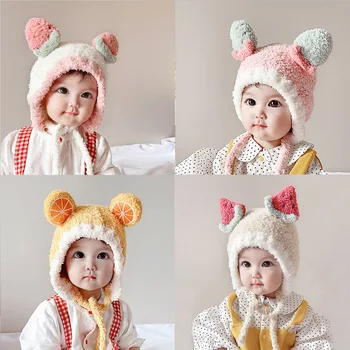 חורף סתיו Earflap תינוק כובע חמוד פירות שרוכים תינוק כובע כותנה רך חם כיסוי הראש התינוק הנולד כובעים 3-18Month