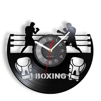 אגרוף משחק בהשראת ויניל LP קיר ClockBoxing מועדון תלוי עיצוב מתאגרף בזירה הכפפה צללית אמנות קיר שעון עם תאורה אחורית