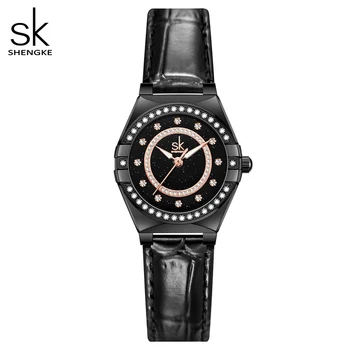 Shengke עיצוב אופנה נשים שעונים OMG סגנון שחור רצועת עור של אישה קוורץ שעוני יד נשים שמלת שעון מתנה בשבילך
