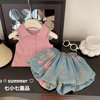 תינוק בגדי קיץ בנות 2-ערכות קטע אופנה חדשה די טי-שירט שרוולים קצרים בצבע מלא הדפסה מגניב