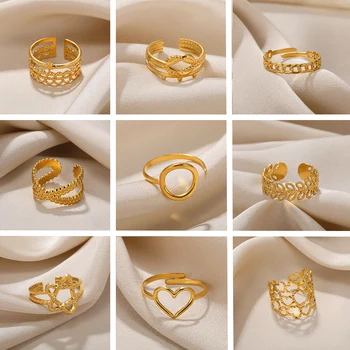 נירוסטה רב שכבתי גיאומטריות הטבעת לנשים צבע זהב חלול לב לעצב טבעת אופנתית מוצרים סט תכשיטי משלוח חינם