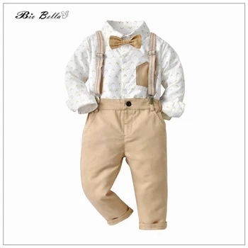 התינוק אביב סתיו בגדים להגדיר רשמית רבותיי יום הולדת שנה חדשה הילדים תלבושות ארוך שרוול חולצת טי+Suspender מכנסי טרנינג