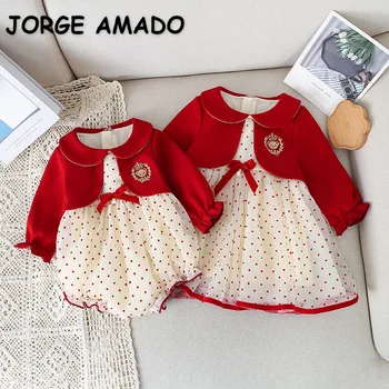 אביב סתיו המשפחה תלבושות תואמות אדום צווארון פיטר פן בגד גוף הקשת טלאים השמלה תאומים אחיות יום הולדת בגדים E30365