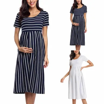 נשים מקרית של פסים שמלת היריון קצר&3/4 שרוול באורך הברך בהריון שמלת הריון בגדים עבור להולדת התינוק נשים מתלבשות.