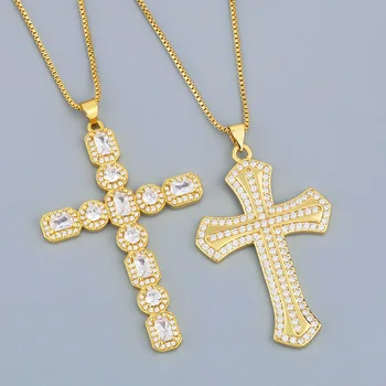 יוקרה CZ גביש צלב שרשראות לנשים מצופה זהב תיבת שרשרת קרוז שרשראות הצהרה הקתולית תכשיטים מתנות nkes25