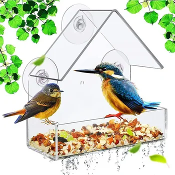 הציפורים אקריליק שקוף החלון מגש מזין ציפור ציפור המחמד מזין כוס יניקה התקנה הבית סוג מזין