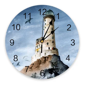 מגדלור האי וינטג ' בצבעי מים שעון קיר שקט שעונים דיגיטליים הביתה השינה של מטבח קישוט תלוי לצפות