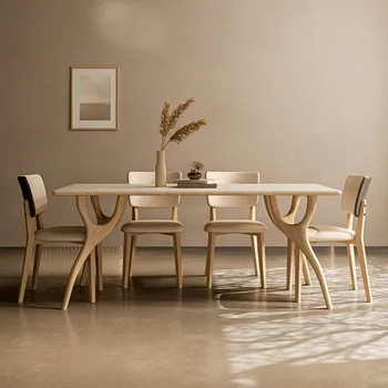 שעווה לבנה עץ רוק לוח שולחן אוכל, כיסא משולב, נורדי עץ בסגנון הביתה מסעדה שולחן מלבני