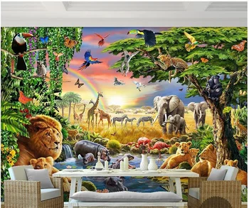 beibehang תמונה מותאמת אישית 3d ציור הקיר טפט קשת, ירוק יער התוכי פיל החיה ילדים ציור 3d טפט לחדר