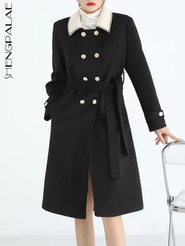 SHENGPALAE אופנה נשים צמר מעיל ניגודיות צבע דש טלאים כפול עם חזה תחרה תערובות מעיל הסתיו 2023 חדש 5R5228