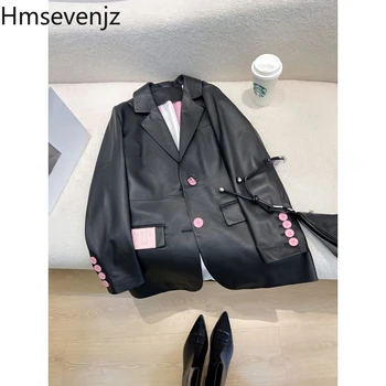 Hmsevenjz מעיל עור שחור דש שרוול ארוך כפתור טלאים רופפים מעילים בסגנון קוריאני היפ הופ ז ' קטים נשיים בגדים העליון