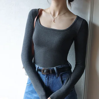 נשים כותנה שרוול ארוך חולצות מוצק בסיסי או הצוואר טי מקסימום סתיו סגנון קוריאני רזה אלסטי נשי חולצת טריקו גופיה