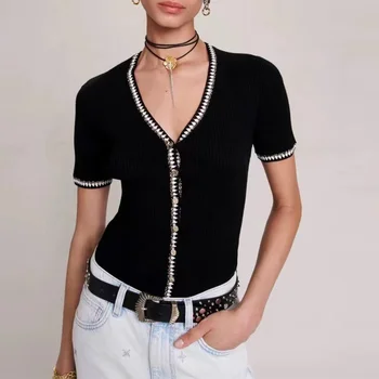 VII הקיץ החדשים של המותג M V-צוואר שחור לסרוג סוודר שרוול קצר למעלה עבור נשים קוריאני אופנה וינטג ' עם משלוח חינם