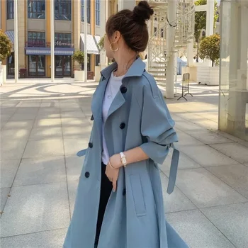 אמצע אורך נשים חאקי כחול תעלה בסגנון בריטי באיכות גבוהה כפול עם חזה עם Sashes אלגנטי אביב סתיו נשי מעיל רוח
