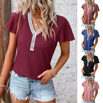 Tshirts באיכות מעולה האביב/קיץ צוואר V פרע שרוול כפתורי אופנה זולה מכירה בנות מקסימום dropshipping myh180