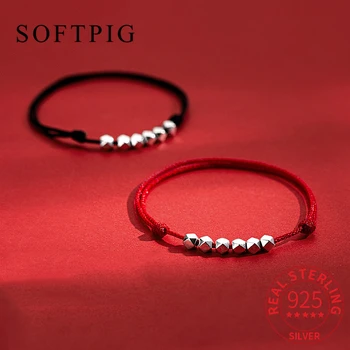 SOFTPIG אמיתי 925 כסף סטרלינג חרוז אדום החבל קסם צמיד לנשים תכשיטים יפים מינימליסטי אביזרים