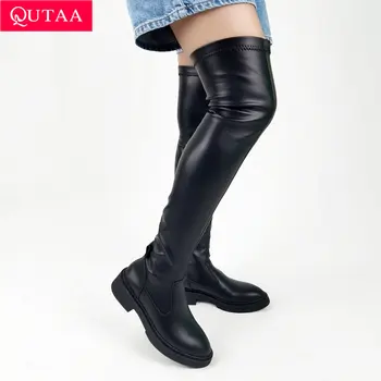 QUTAA 2024 נשים מעל הברך מגפיים גבוהים מתיחה סתיו חורף פלטפורמת בוהן עגול מרובע נעלי עקב נמוך אישה מסיבת גודל 35-41