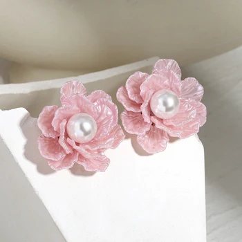 AENSOA קוריאנית הפרזה לבן ורוד פרחים גדול עגילים לנשים 2023 חדש חמוד מקסים אקריליק פרחוני עגיל תכשיטים אופנתיים
